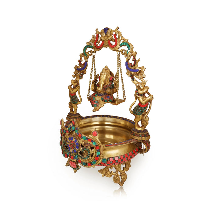 Ganesha on Jhula Uruli with Leg - 23 x 13 Inches | Antique Brass Colour Urli / Flower Pot for Home & Pooja - Uruli & Flower Pot