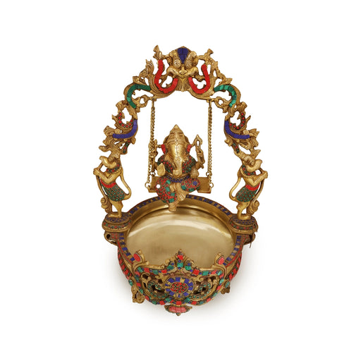 Ganesha on Jhula Uruli with Leg - 23 x 13 Inches | Antique Brass Colour Urli / Flower Pot for Home & Pooja - Uruli & Flower Pot