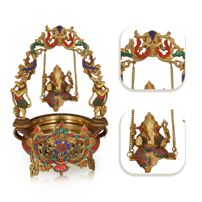 Ganesha on Jhula Uruli with Leg - 23 x 13 Inches | Antique Brass Colour Urli / Flower Pot for Home & Pooja - Uruli & Flower Pot