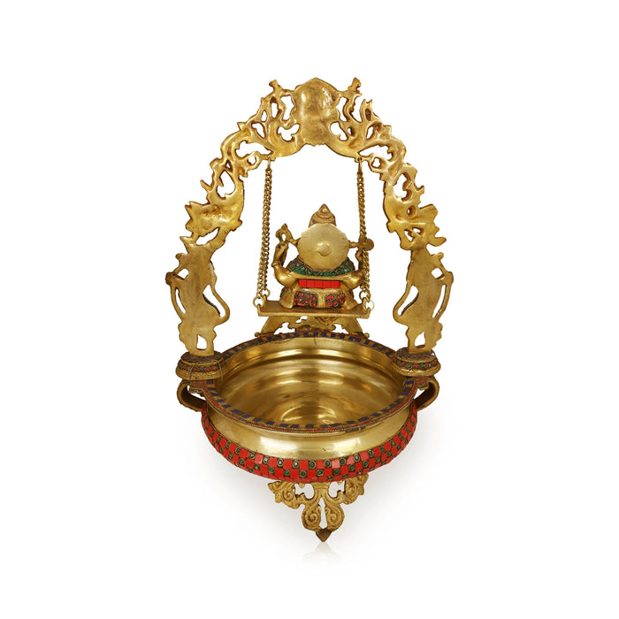 Ganesha on Jhula Uruli with Leg - 23 x 13 Inches | Antique Brass Colour Urli / Flower Pot for Home & Pooja - Uruli & Flower Pot