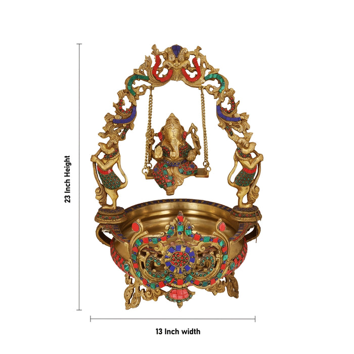 Ganesha on Jhula Uruli with Leg - 23 x 13 Inches | Antique Brass Colour Urli / Flower Pot for Home & Pooja - Uruli & Flower Pot
