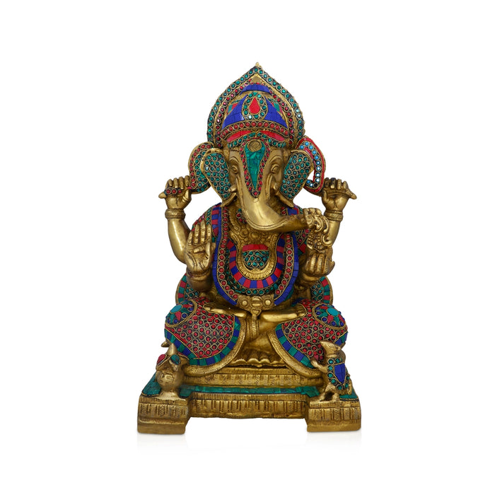 Ganesh Murti - 17 x 10 Inches | Antique Brass Idol/ Colour Ganpati Murti Sitting on Manai for Pooja/ 16.600 Kgs