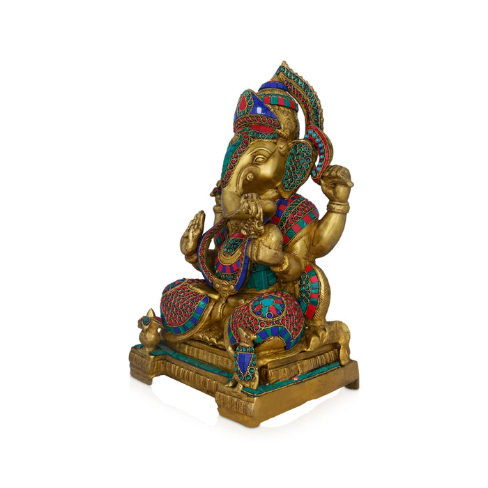 Ganesh Murti - 17 x 10 Inches | Antique Brass Idol/ Colour Ganpati Murti Sitting on Manai for Pooja/ 16.600 Kgs