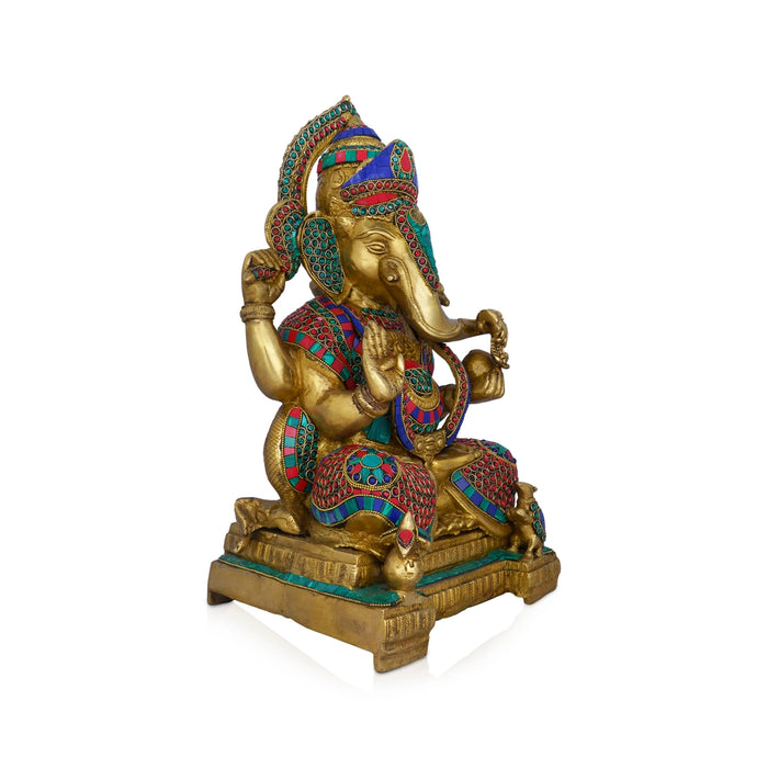 Ganesh Murti - 17 x 10 Inches | Antique Brass Idol/ Colour Ganpati Murti Sitting on Manai for Pooja/ 16.600 Kgs