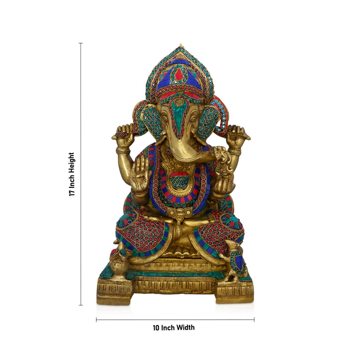 Ganesh Murti - 17 x 10 Inches | Antique Brass Idol/ Colour Ganpati Murti Sitting on Manai for Pooja/ 16.600 Kgs