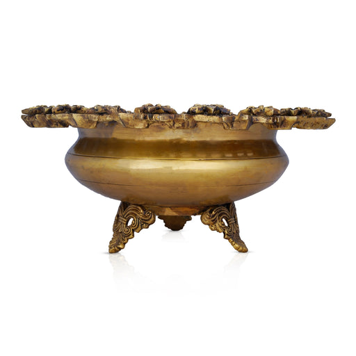 Flower Pot With Leg - 7 x 15 Inches | Brass Urli/ Flower With Diya Design Uruli for Living Room/ 8.140 Kgs Approx - Uruli & Flower Pot