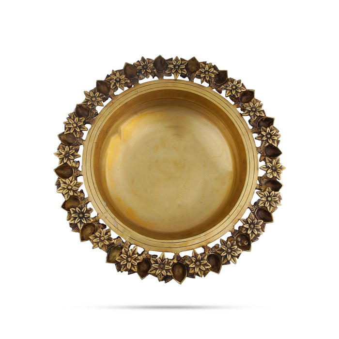 Flower Pot With Leg - 7 x 15 Inches | Brass Urli/ Flower With Diya Design Uruli for Living Room/ 8.140 Kgs Approx - Uruli & Flower Pot