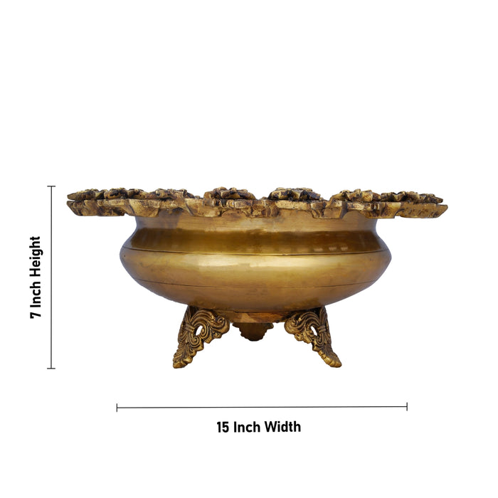 Flower Pot With Leg - 7 x 15 Inches | Brass Urli/ Flower With Diya Design Uruli for Living Room/ 8.140 Kgs Approx - Uruli & Flower Pot