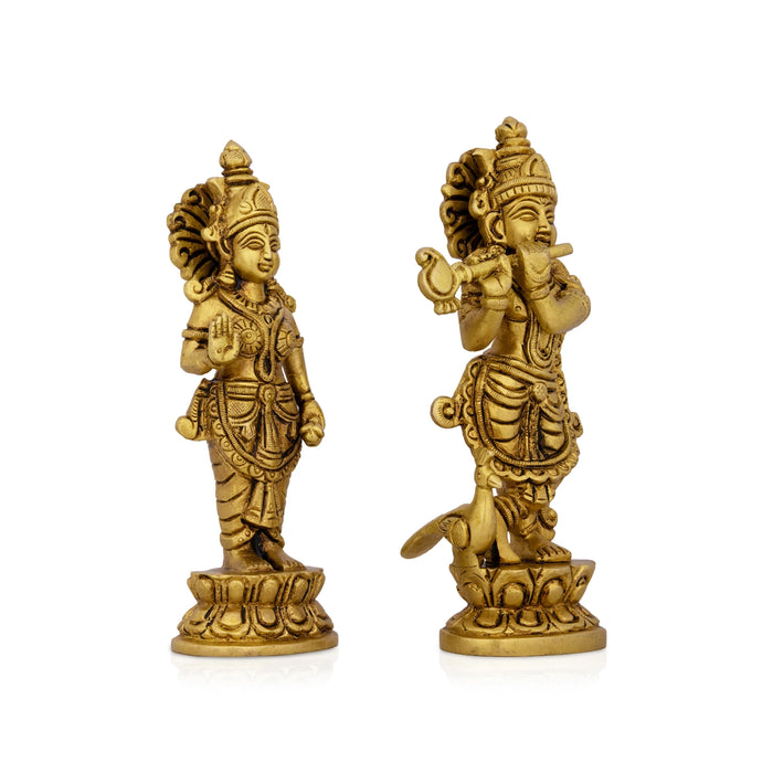 Radha Krishna Standing On Base Murti - 7.5 x 3.5 Inches | Antique Brass Idol / Radha Krishna Statue For Pooja - Brass Murties