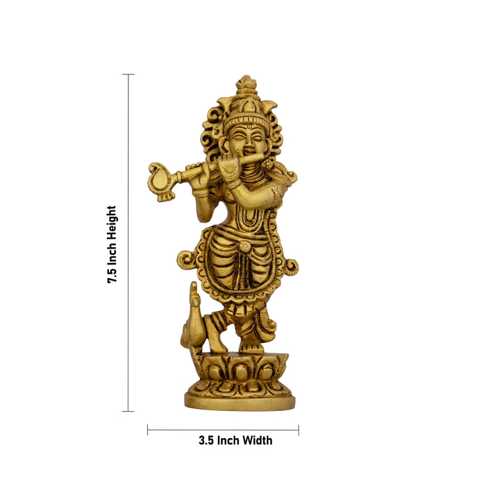 Radha Krishna Standing On Base Murti - 7.5 x 3.5 Inches | Antique Brass Idol / Radha Krishna Statue For Pooja - Brass Murties