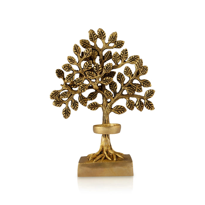 Tree With Candle Holder With Square Base - 8 x 6 Inches | Antique Brass Statue/ Brass Tree for Home Decor - Candles