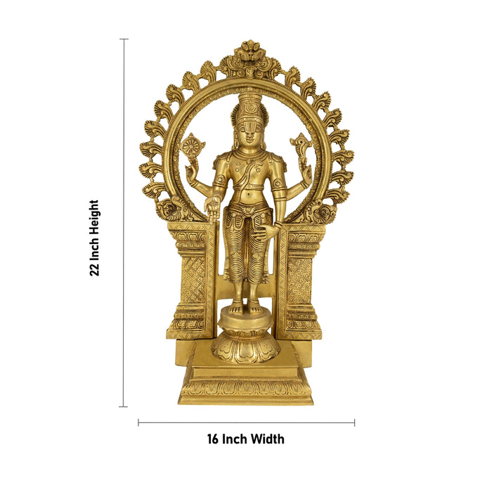 Tirupati Balaji with Arch Sridevi Bhudevi Murti - 22 x 16 Inches | Antique Brass Idol/ Balaji Idol for Pooja - Brass Murties