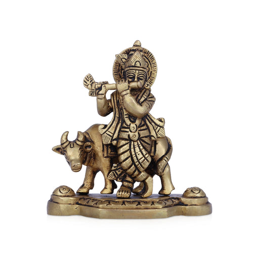 Krishna Murti With Cow - 4.5 x 4 Inches | Antique Brass Idol/ Standing Krishna Idol for Pooja/ 575 Gms Approx - Brass Murties