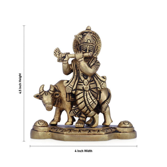 Krishna Murti With Cow - 4.5 x 4 Inches | Antique Brass Idol/ Standing Krishna Idol for Pooja/ 575 Gms Approx - Brass Murties