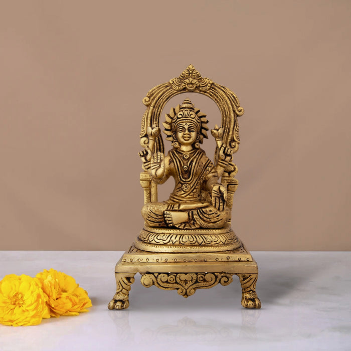 Lakshmi Idol With Arch - 9 x 4.5 Inches | Brass Idol/ Laxmi Murti Sitting On Chowki for Pooja/ 2.160 Kgs - Brass Murties