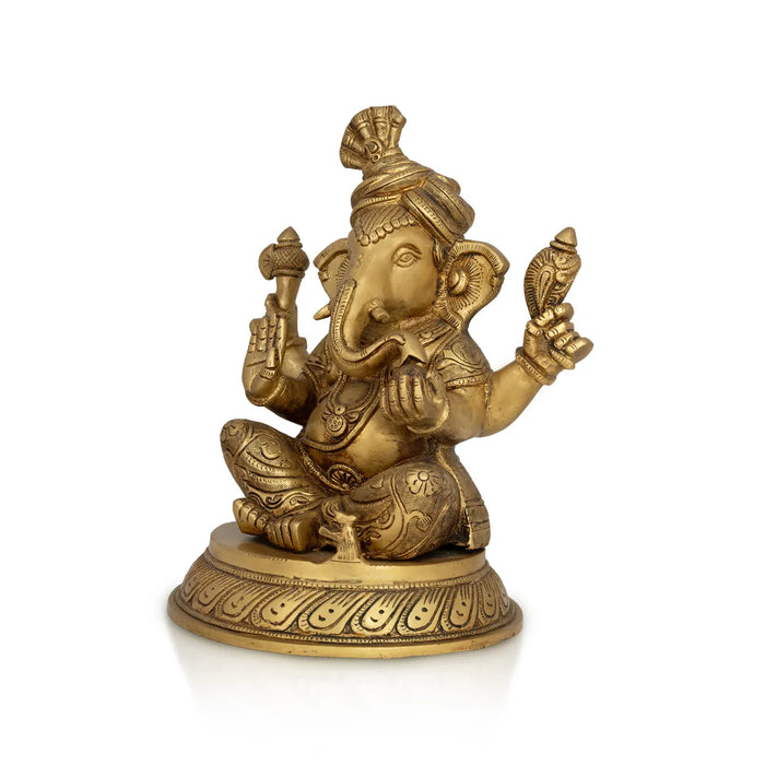 Pagadi Ganesh Sitting On base Murti - 11.5 x 7 Inches |Antique Brass Idol/ Vinayagar Statue Decor For Home & Pooja - Brass Murties