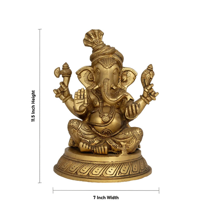 Pagadi Ganesh Sitting On base Murti - 11.5 x 7 Inches |Antique Brass Idol/ Vinayagar Statue Decor For Home & Pooja - Brass Murties