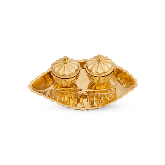 Shankh Shape Plate With Two Kumkum Bharani - 1.5 x 7 Inches | Brass Plate With 2 Cup for Pooja - Sindoor Box