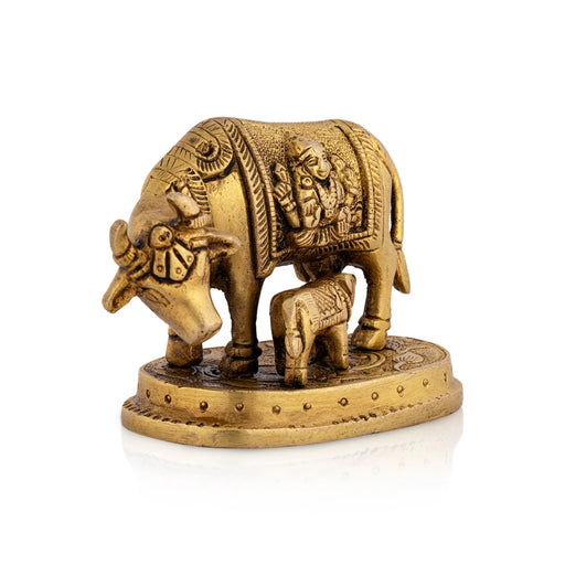 Cow Calf Idol With Base - 3 x 3.5 Inches | Antique Brass Kamdhenu Cow With Calf for Pooja/ 540 Gms Approx - Table Stand Accessories