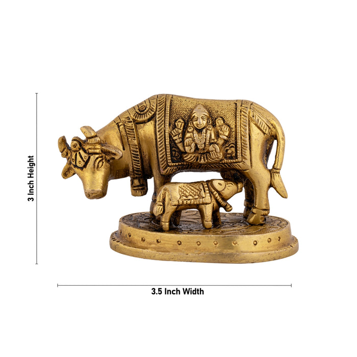 Cow Calf Idol With Base - 3 x 3.5 Inches | Antique Brass Kamdhenu Cow With Calf for Pooja/ 540 Gms Approx - Table Stand Accessories