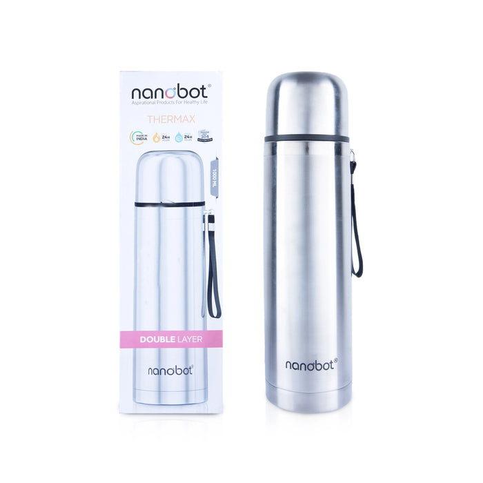 Nanobot Thermax Vaccum Flask - 1 Ltr | Water Bottle/ 13 x 3 Inches/ Stainless Steel Flask for Home