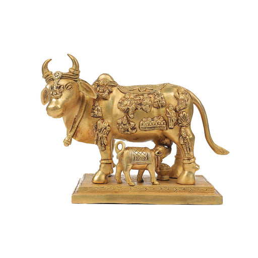 Kamadhenu Statue - 8 Inches | Brass Idol/ Cow and Calf Idol/ Kamadhenu Idol for Pooja - Table Stand Accessories