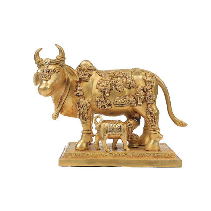 Kamadhenu Statue - 8 Inches | Brass Idol/ Cow and Calf Idol/ Kamadhenu Idol for Pooja - Table Stand Accessories