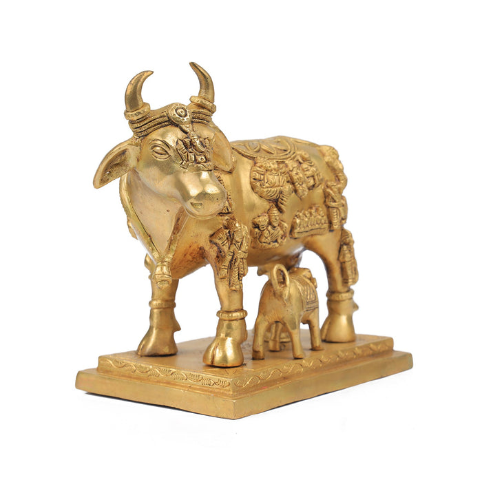 Kamadhenu Statue - 8 Inches | Brass Idol/ Cow and Calf Idol/ Kamadhenu Idol for Pooja - Table Stand Accessories
