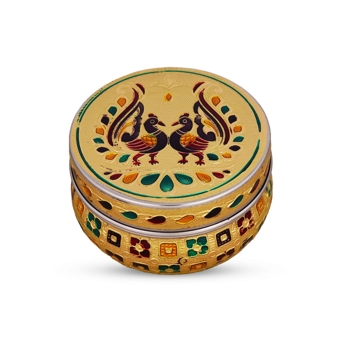 Pooja Box - 2.5 x 4 Inches | Gold Meenakari Design Jewellery Box/ Stainless Steel Storage Box for Pooja - Pooja Box & Paduka