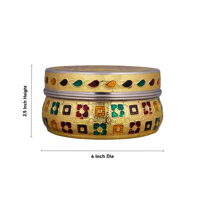 Pooja Box - 2.5 x 4 Inches | Gold Meenakari Design Jewellery Box/ Stainless Steel Storage Box for Pooja - Pooja Box & Paduka