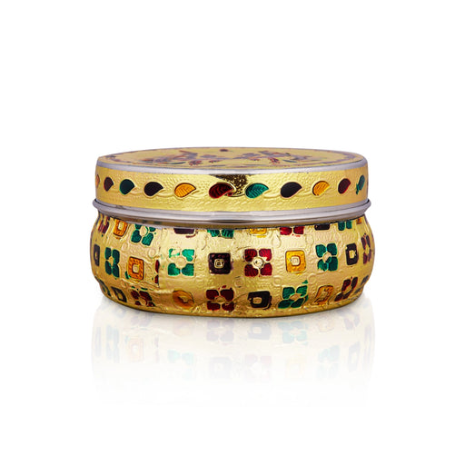 Pooja Box - 2.5 x 4.5 Inches | Gold Meenakari Design Storage Box/ Stainless Steel Jewellery Box for Pooja - Pooja Box & Paduka