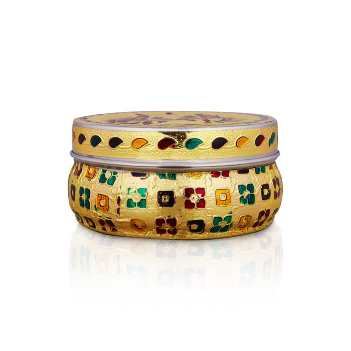 Pooja Box - 2.5 x 4.5 Inches | Gold Meenakari Design Storage Box/ Stainless Steel Jewellery Box for Pooja - Pooja Box & Paduka