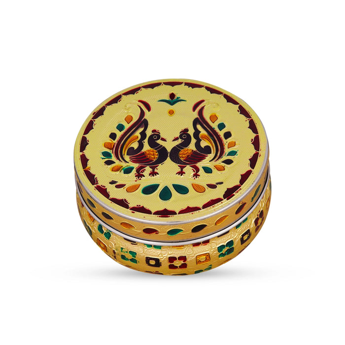 Pooja Box - 2.5 x 4.5 Inches | Gold Meenakari Design Storage Box/ Stainless Steel Jewellery Box for Pooja - Pooja Box & Paduka