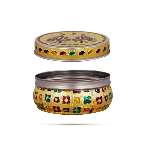 Pooja Box - 2.5 x 4.5 Inches | Gold Meenakari Design Storage Box/ Stainless Steel Jewellery Box for Pooja - Pooja Box & Paduka