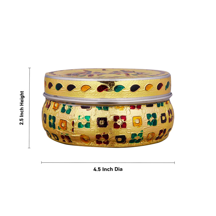 Pooja Box - 2.5 x 4.5 Inches | Gold Meenakari Design Storage Box/ Stainless Steel Jewellery Box for Pooja - Pooja Box & Paduka