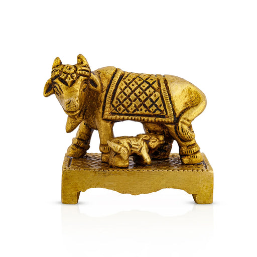 Cow With Calf Idol Standing On Chowki - 2 x 2.5 Inches | Antique Brass Kamdhenu Cow With Calf for Pooja/ 215 Gms - Table Stand Accessories