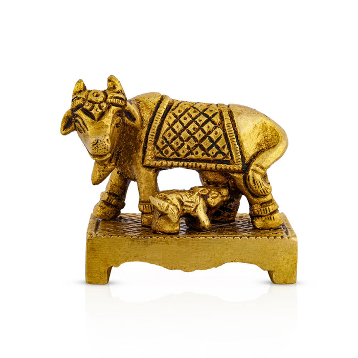 Cow With Calf Idol Standing On Chowki - 2 x 2.5 Inches | Antique Brass Kamdhenu Cow With Calf for Pooja/ 215 Gms - Table Stand Accessories