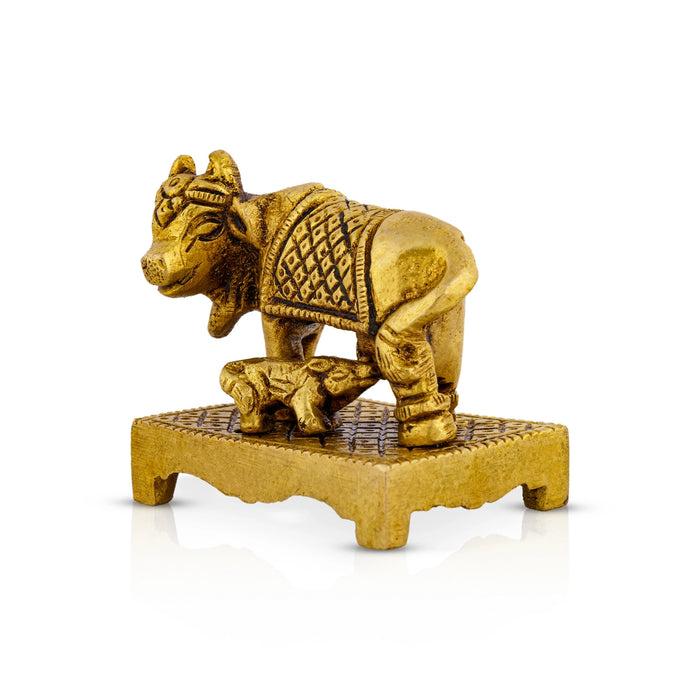 Cow With Calf Idol Standing On Chowki - 2 x 2.5 Inches | Antique Brass Kamdhenu Cow With Calf for Pooja/ 215 Gms - Table Stand Accessories