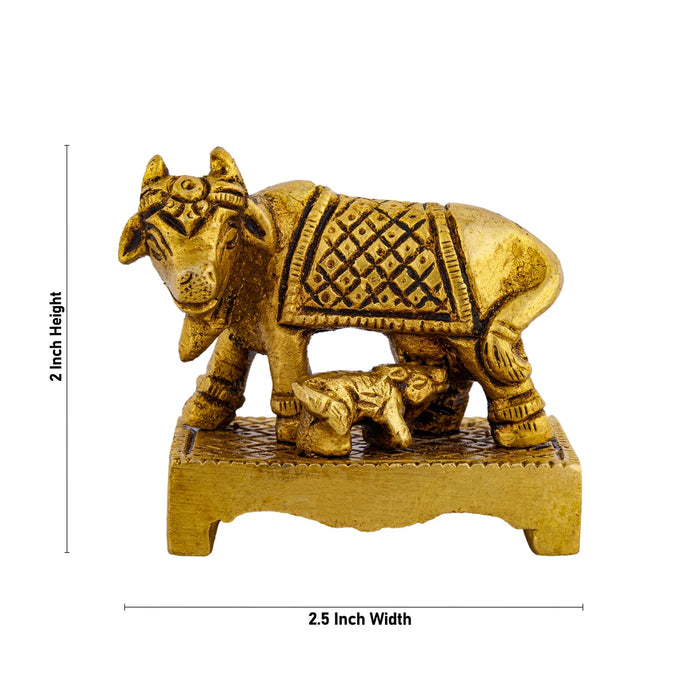 Cow With Calf Idol Standing On Chowki - 2 x 2.5 Inches | Antique Brass Kamdhenu Cow With Calf for Pooja/ 215 Gms - Table Stand Accessories