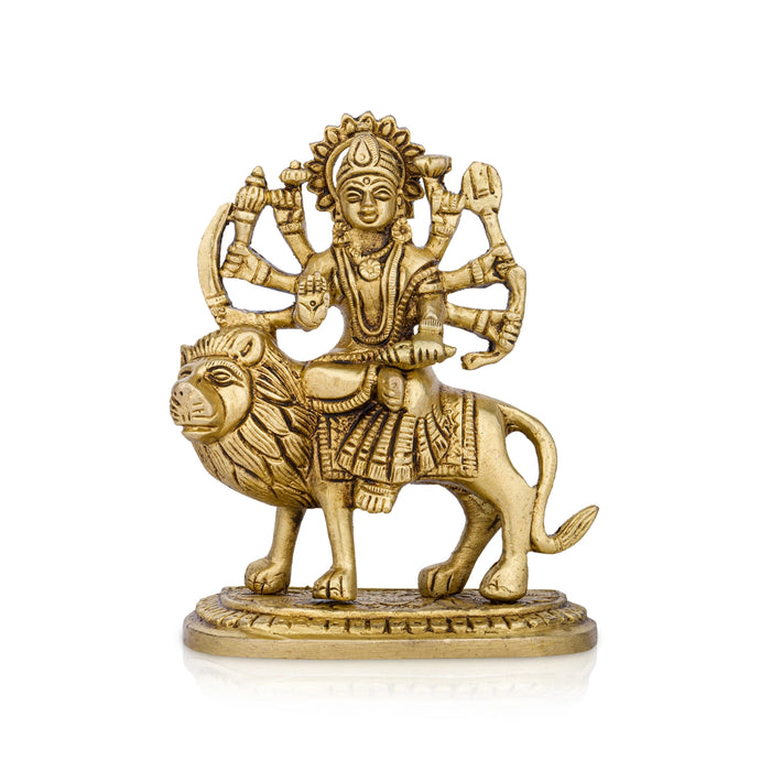 Durga Idol Sitting On Lion With Base - 3.5 x 2.5 Inches | Antique Brass Idol/ Durga Murti With 8 Hands for Pooja - Brass Murties
