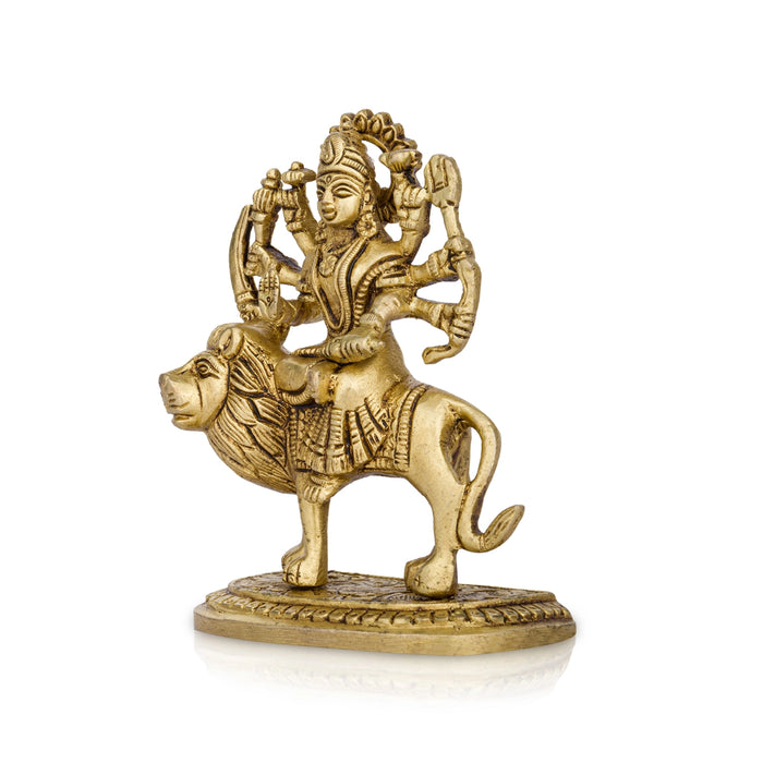 Durga Idol Sitting On Lion With Base - 3.5 x 2.5 Inches | Antique Brass Idol/ Durga Murti With 8 Hands for Pooja - Brass Murties