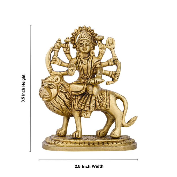 Durga Idol Sitting On Lion With Base - 3.5 x 2.5 Inches | Antique Brass Idol/ Durga Murti With 8 Hands for Pooja - Brass Murties