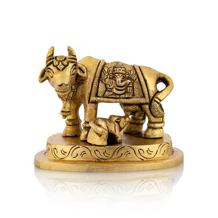 Cow With Calf Idol With Base - 2.5 x 2.75 Inch | Antique Brass Idol/ Kamdhenu Cow With Calf Idol for Pooja/ 235 Gms - Table Stand Accessories