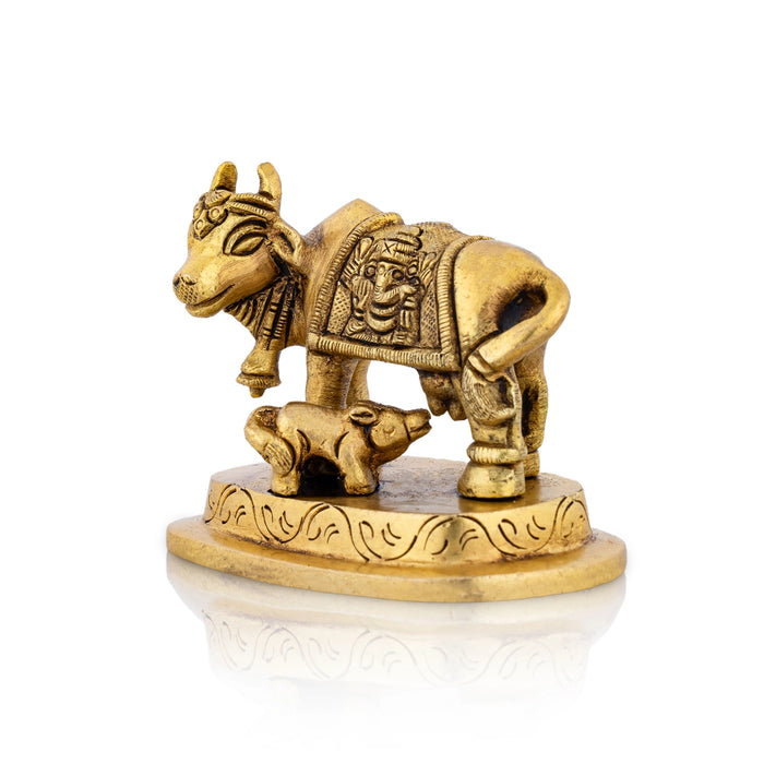 Cow With Calf Idol With Base - 2.5 x 2.75 Inch | Antique Brass Idol/ Kamdhenu Cow With Calf Idol for Pooja/ 235 Gms - Table Stand Accessories