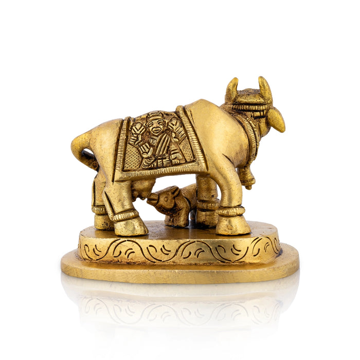 Cow With Calf Idol With Base - 2.5 x 2.75 Inch | Antique Brass Idol/ Kamdhenu Cow With Calf Idol for Pooja/ 235 Gms - Table Stand Accessories