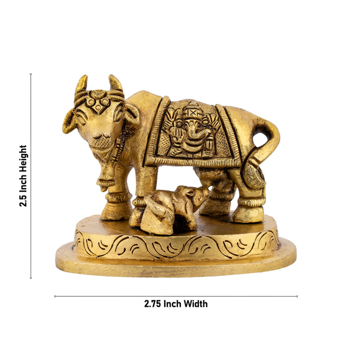 Cow With Calf Idol With Base - 2.5 x 2.75 Inch | Antique Brass Idol/ Kamdhenu Cow With Calf Idol for Pooja/ 235 Gms - Table Stand Accessories