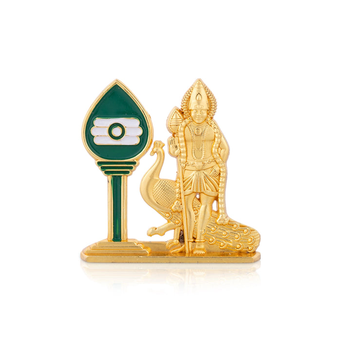 Murugan With Vel - 2.5 x 2 Inches | Gold Polish Car Stand/ Metal Murugan Astra for Pooja - Deity Accessories
