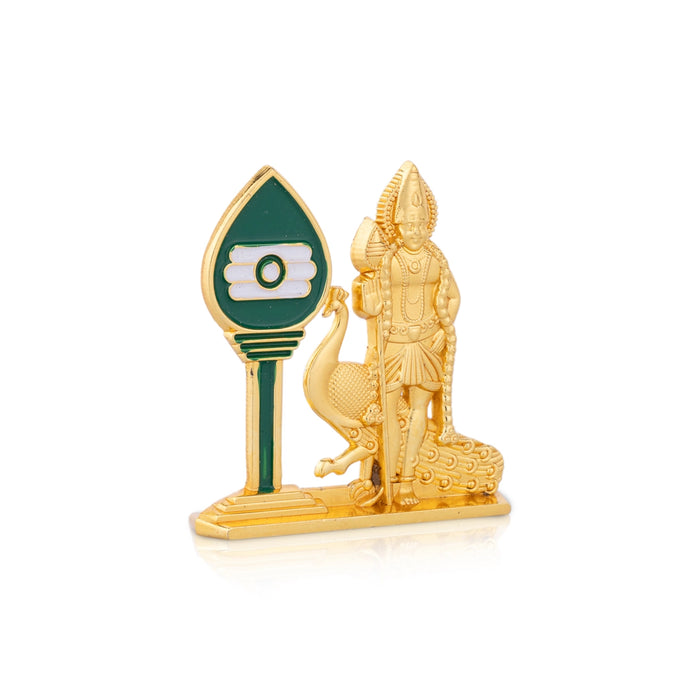 Murugan With Vel - 2.5 x 2 Inches | Gold Polish Car Stand/ Metal Murugan Astra for Pooja - Deity Accessories