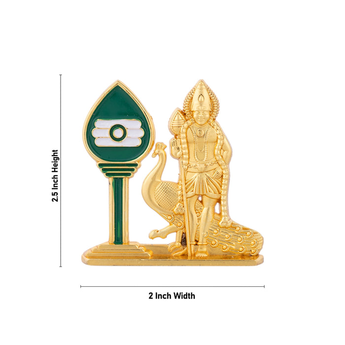 Murugan With Vel - 2.5 x 2 Inches | Gold Polish Car Stand/ Metal Murugan Astra for Pooja - Deity Accessories