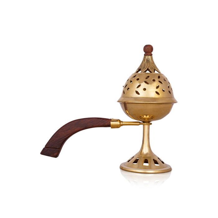 Dhoop Stand With Wooden Handle - 8 x 8 Inches | Brass Dhup Dhani With Lid/ Sambrani Stand for Pooja/ 425 Gms - Sambrani Stand